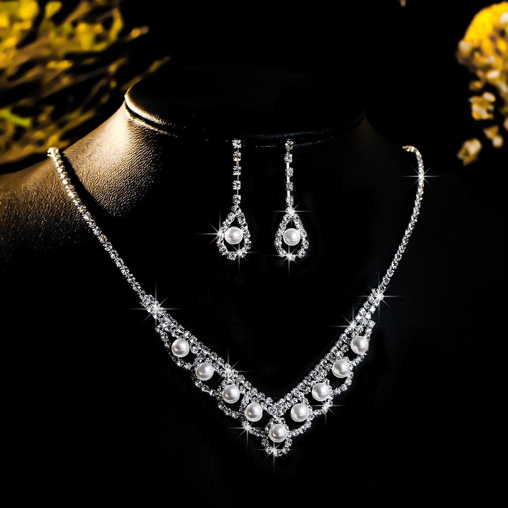 Conjunto de Colar e Brincos de Diamante de Luxo Acessórios para Festa Vestido de Casamento Jantar Corrente de Colar e Brincos de Strass da Moda para Meninas