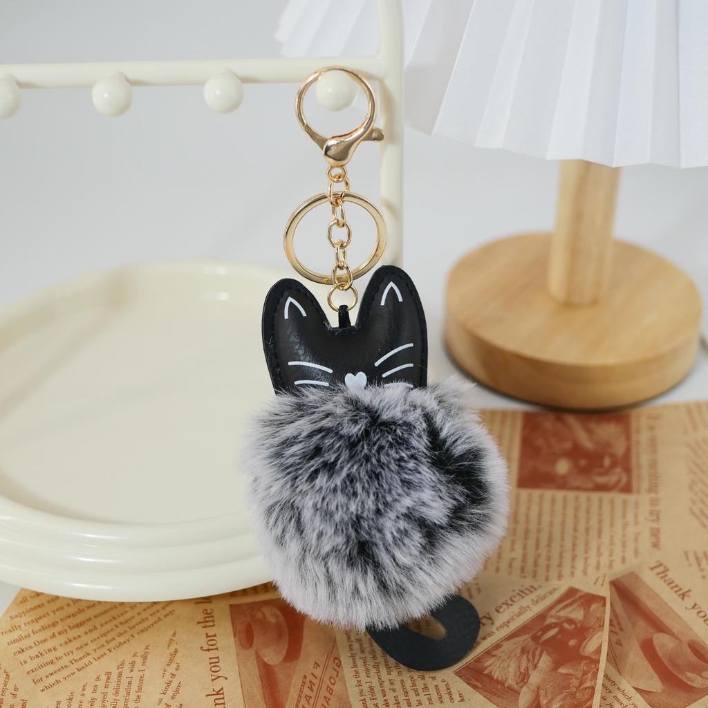 Adorable Black Cat Keychain with Faux Fur Ball Pendant