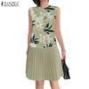 ZANZEA Women Casual Round Neck Sleeveless Print Patchwork Pleated Dress
