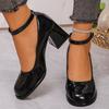 Ankle Strap Chunky Heel Mary Janes Pumps Women Fashion Black Patent Leather Dress Shoes Woman Elegant Round Toe High Heels Pumps