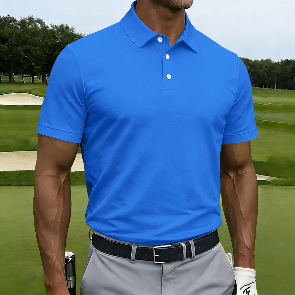 Men Short Sleeve Polo Shirt Classic Fit Button Down Collar Lightweight Breathable Knit Fabric for Business Casual Wear