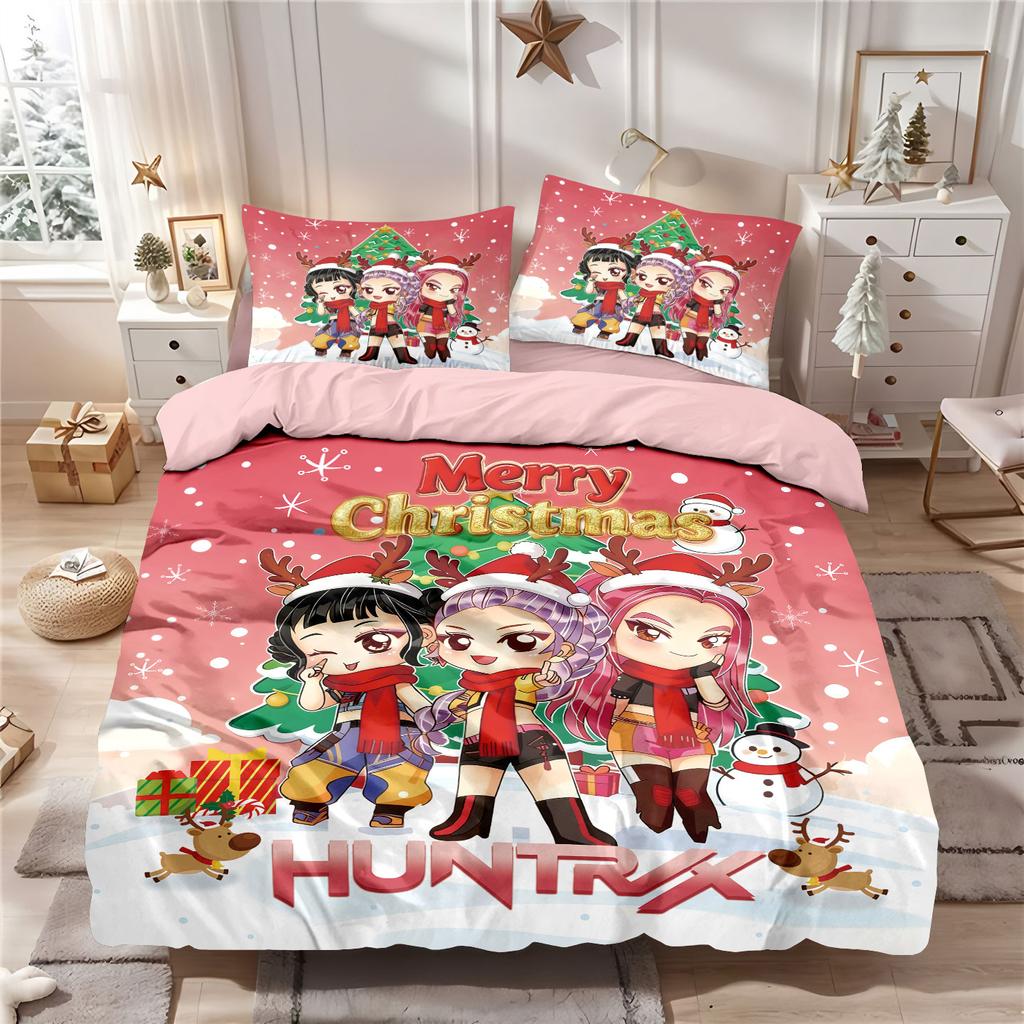 3pcs K-Pop Demon Hunters Merry Christmas Print Coreless Quilt Set Bedrooms Dormitory Bedding Set Soft  Machine Washable