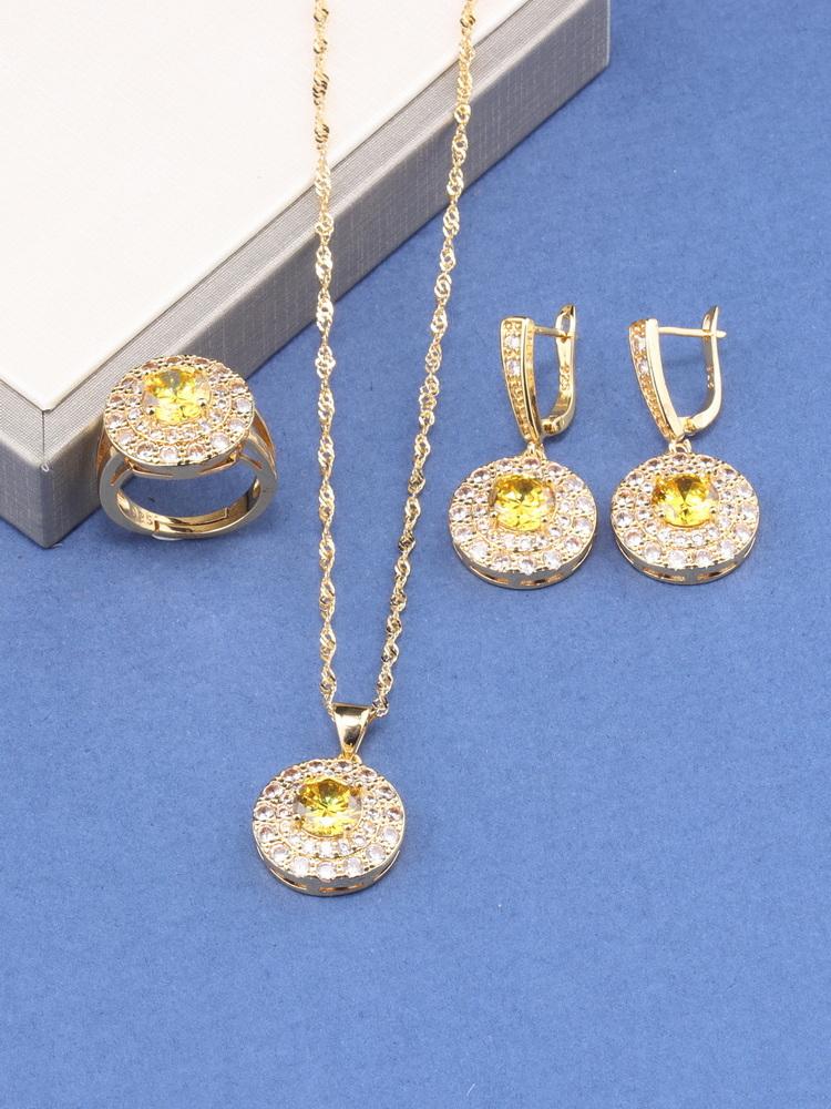 Unieke Ronde Sieraden & Accessoires Brazilië Verguld Zirkonia Bruidssets Zirkonia Ringen/Hanger/Ring Ketting Voor Vrouwen Cadeau resizable