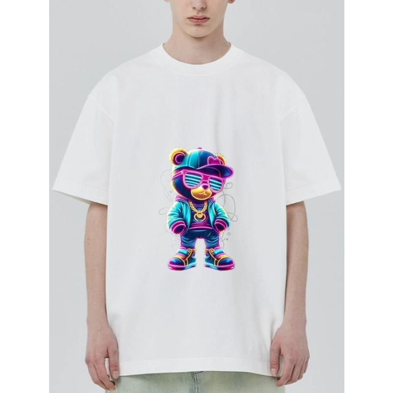 Schwarzes T-Shirt mit buntem Bären-Cartoon-Print für Freizeitkleidung