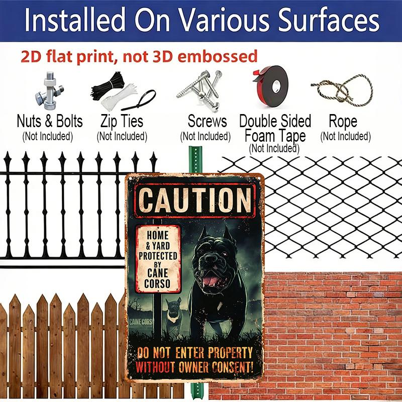 Piatto 2D, 1 pz. Cartello Vintage Cane Corso - Alluminio Metallico 12x8 Pollici "Protetto Dal Mastino Napoletano" Cartello di Avvertimento per Cani, / Decorazione da Parete per Esterni per la Casa