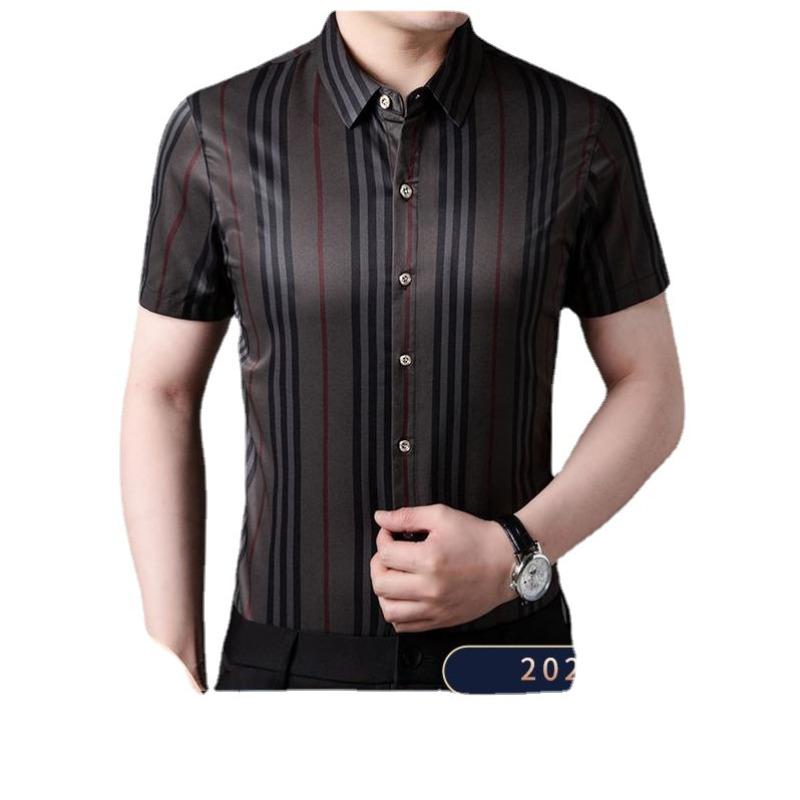 Летняя мужская модная молодежная полосатая повседневная трендовая эластичная рубашка 4XL — фото 5