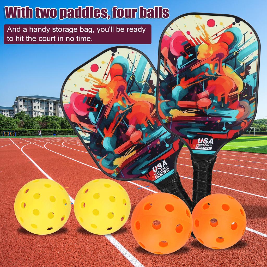 Fiberglas Pickleball Rackets Set Pickleball Paddle Set of 2 Rackets and 4 Pickleballs Balls Pickle-Ball Racquet with Balls Sport