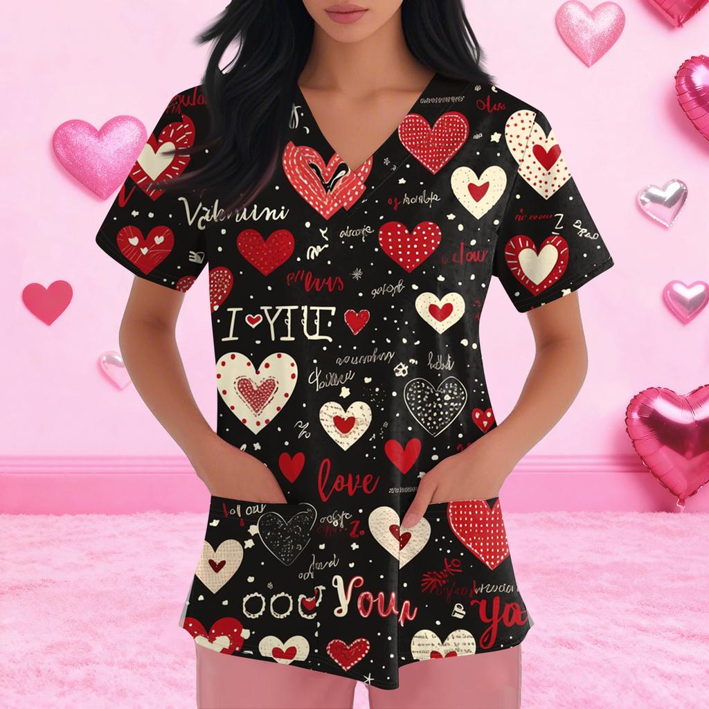 Damenmode Kurzarm Valentinstag-Print V-Ausschnitt Tasche Arbeitskleidung Top