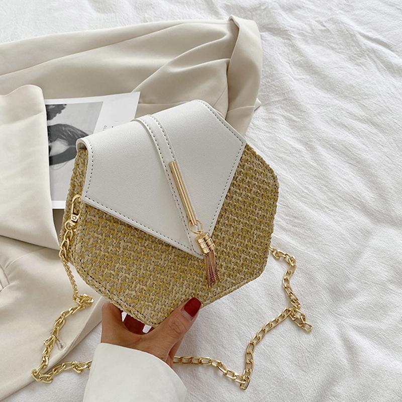 

Women S Bag Woven Hexagonal Bag Solid Color Single Shoulder Crossbody Bag Straw Bag Tassel Chain Crossbody Bag Quality