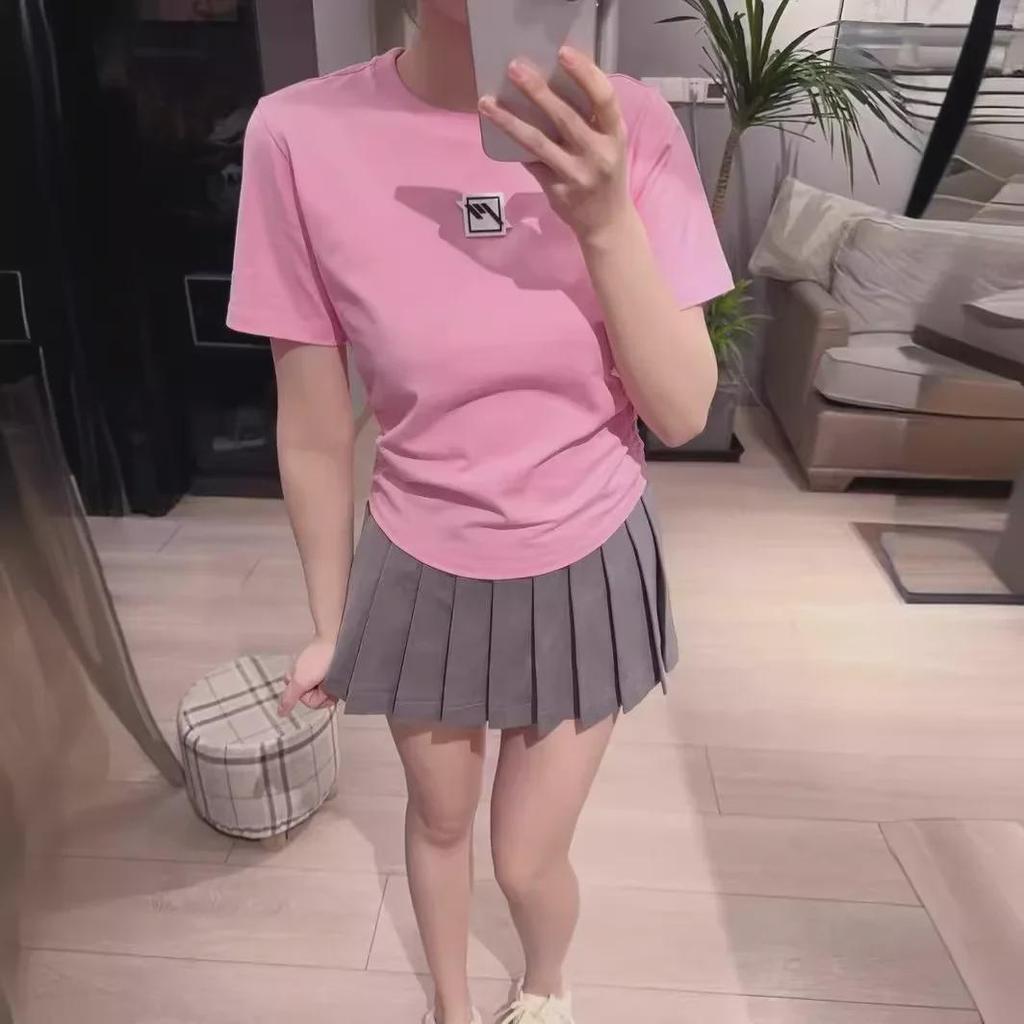 MO*CO Damen 2025 Frühling/Sommer Gummi-Patch Cropped T-Shirt - Kurzarm, Rundhalsausschnitt, Geraffter gebogener Saum