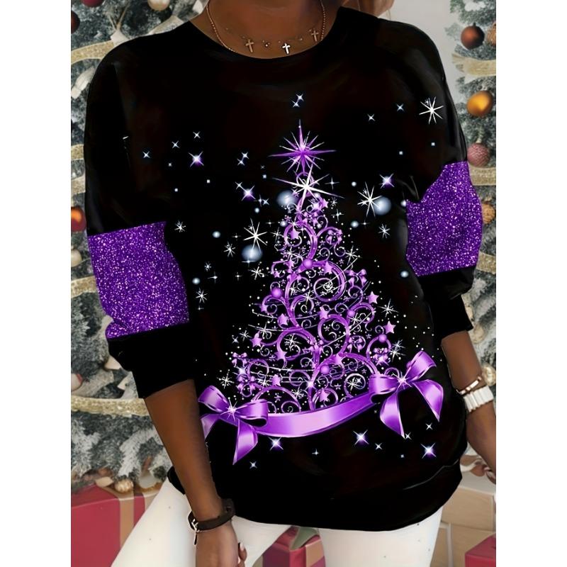 Dámská mikina s dlouhým rukávem s vánočním potiskem - Černá s fialovými třpytivými akcenty, design třpytivého stromku a hvězd,