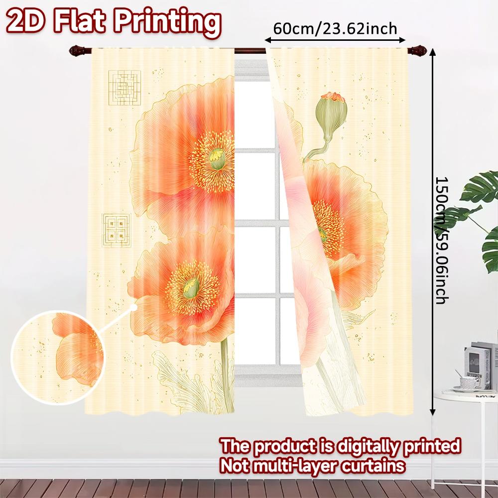Set aus 2 flachen Druckvorhängen ohne Stange Florale Eleganz Blüte Valentinstag Festival Mode Maschinenvorhang Polyester