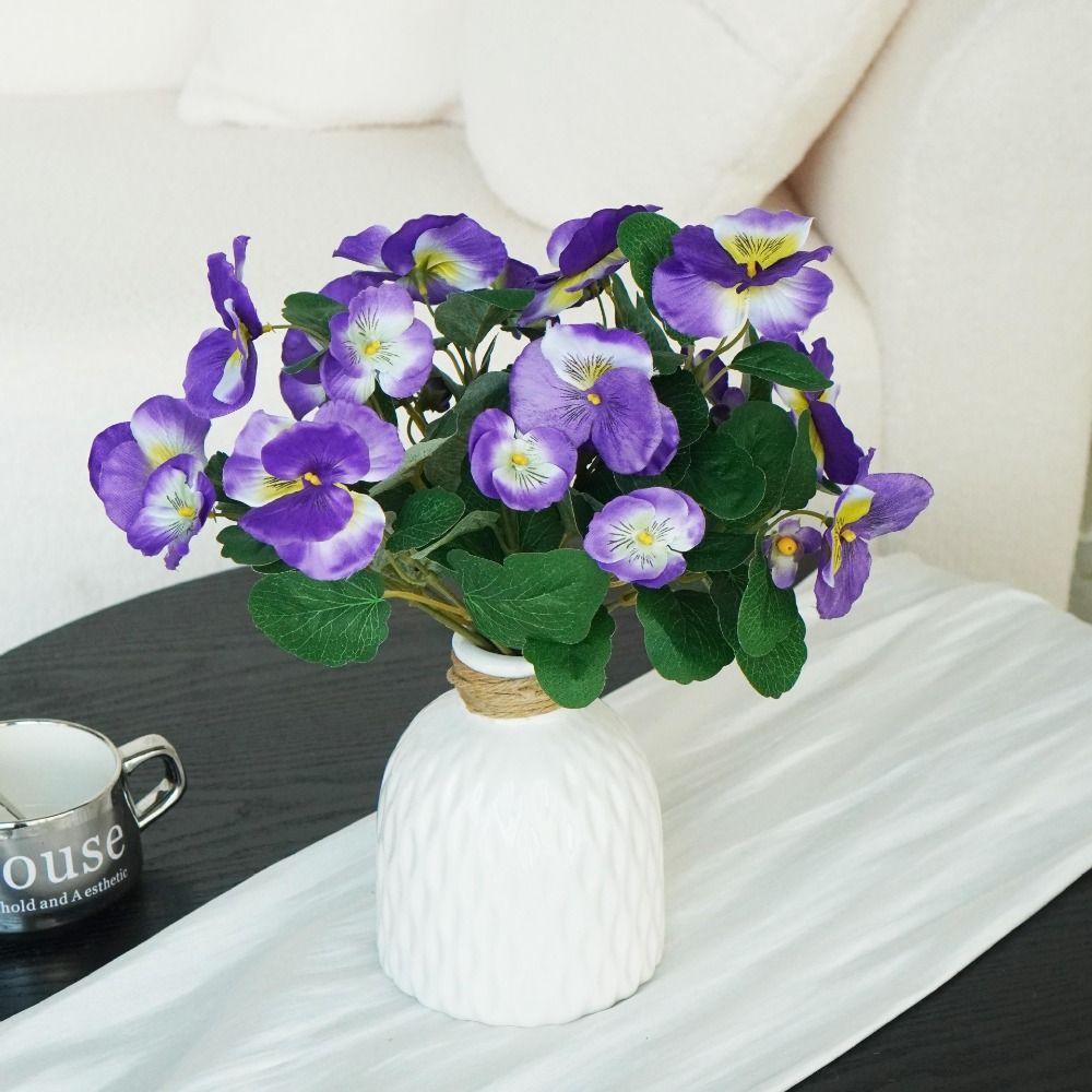 30cm Artificial Pansy Flowers Bouquet UV Resistant Five Fork Silk Fake Flowers Silk Tricolor Violet Artificial Green Plants