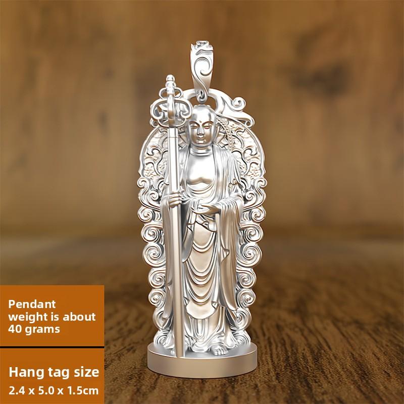 Kizo King Sterling Silver Pendant Silver Plated Standing Bodhisattva Floating Necklace Crystal Male Buddha Statue Silver Ornament