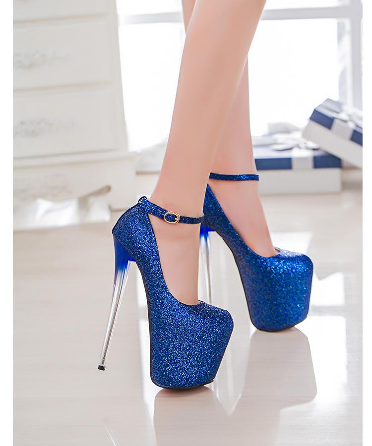 

rossdresser 34-48 49 50 Bling Sequins Stiletto 19cm Thin High-Heeled Platforms Buckle Shoes Woman Wedding Pumps Zapatos Mujer 34 синій