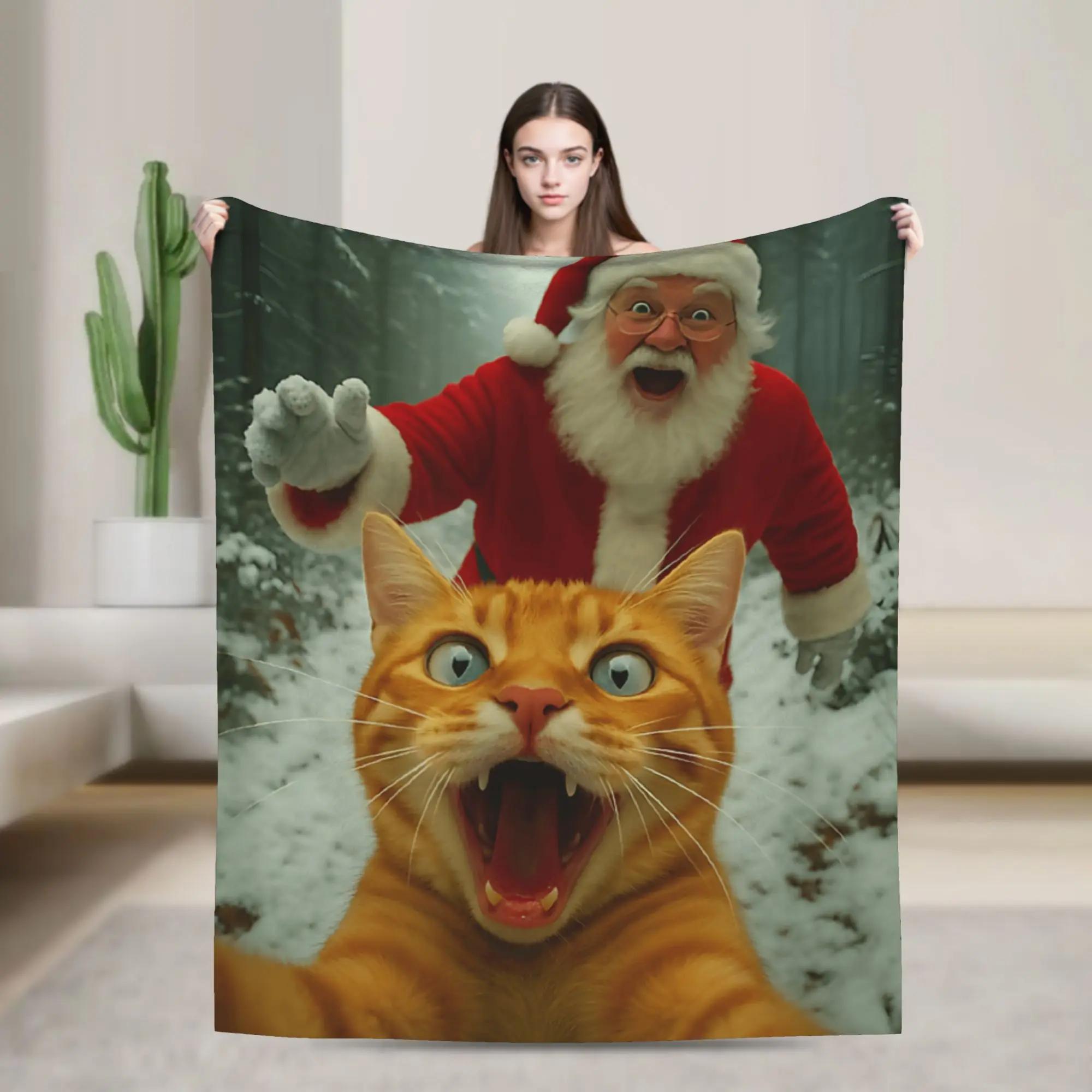 Cat Selfie with Santa Claus Funny Kitten Christmas Lover Plush Blanket for Kids Flannel Bedding Throws Living Room Bedspread 100x150cm