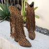 Fashion Leopard Fringe Western Knee High Boot Woman Faux Suede Cowboy Long Boots Ladies Autumn Cool Point Toe Heeled Tassel Rivet Botas