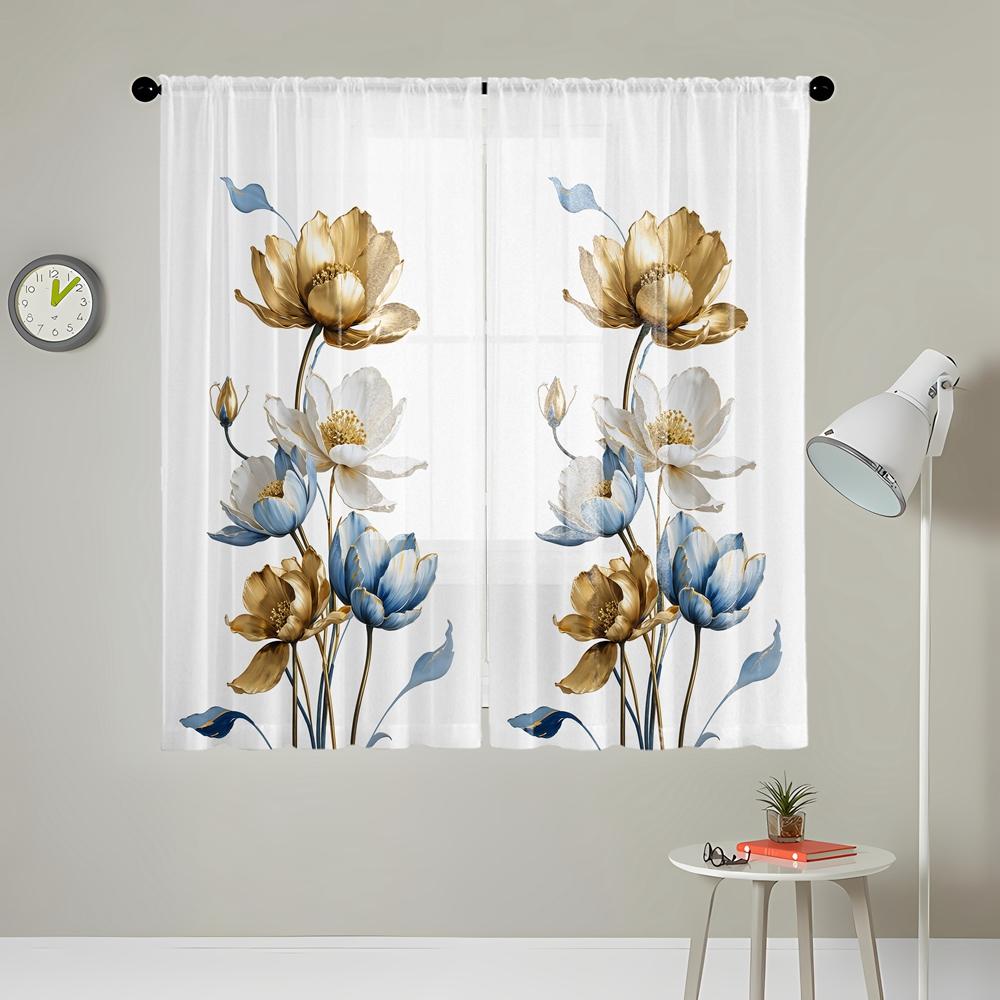 2 ks HD digitální zlatý a modrý kvetoucí lotosový motiv tištěná okenní zástěna Styl bytové dekorace Dekorace obývacího pokoje Ložnice R
