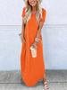 Women's Round Neck Short Sleeve Maxi Dress Loose Fit High Waist Solid A Line T Shirt Dress With Side Pockets