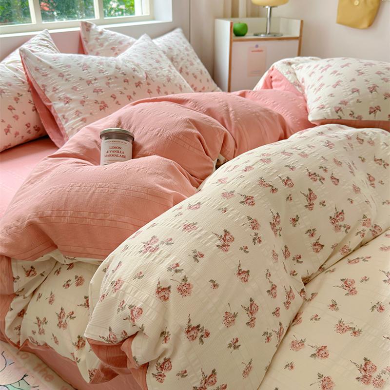 Floral Print French Style Bedding Set Bubble Cotton Duvet Cover Set Washed Cotton Flat Sheet Set Queen For Girl Decor Home