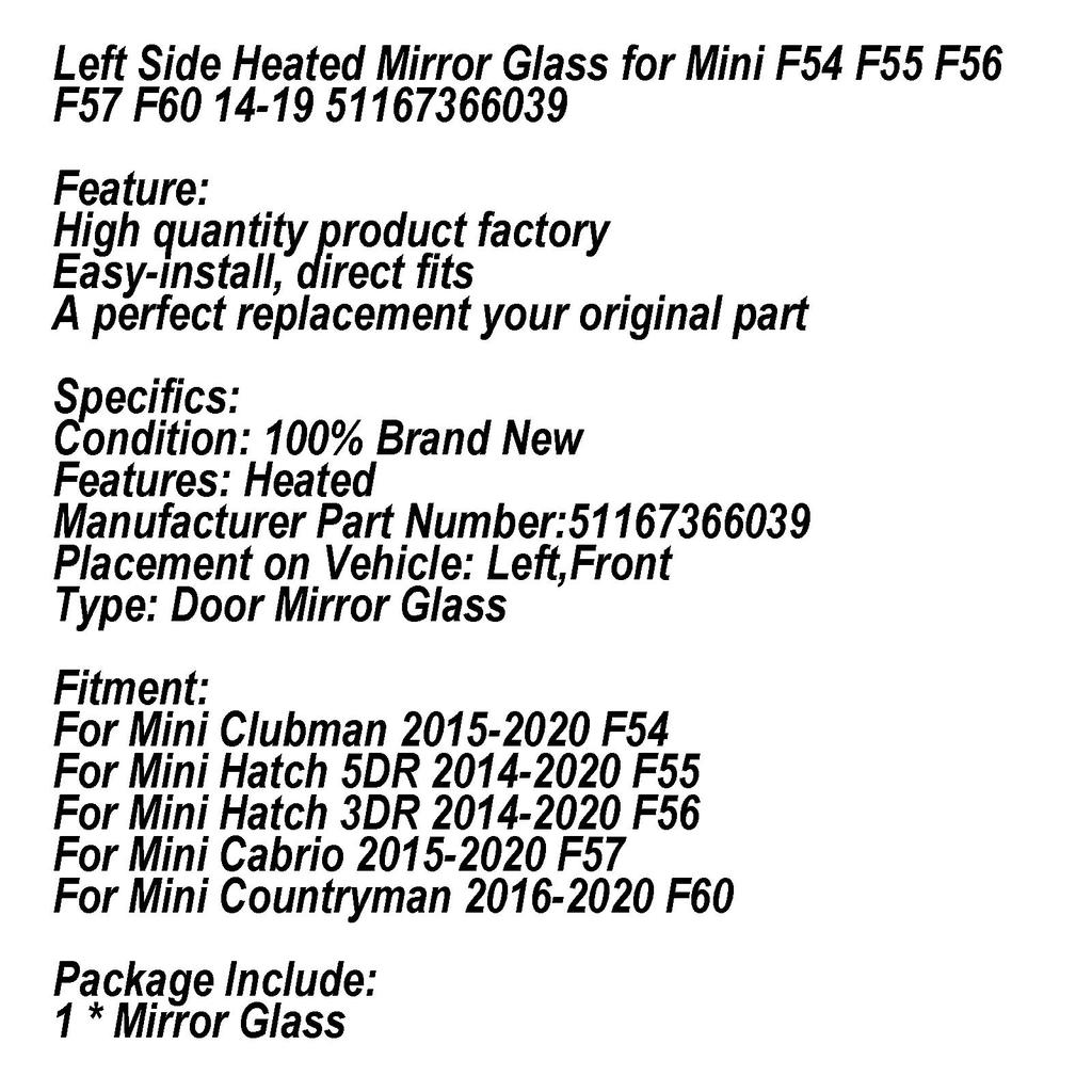 Beheiztes Spiegelglas links für Mini F54 F55 F56 F57 F60 14-19 51167366039