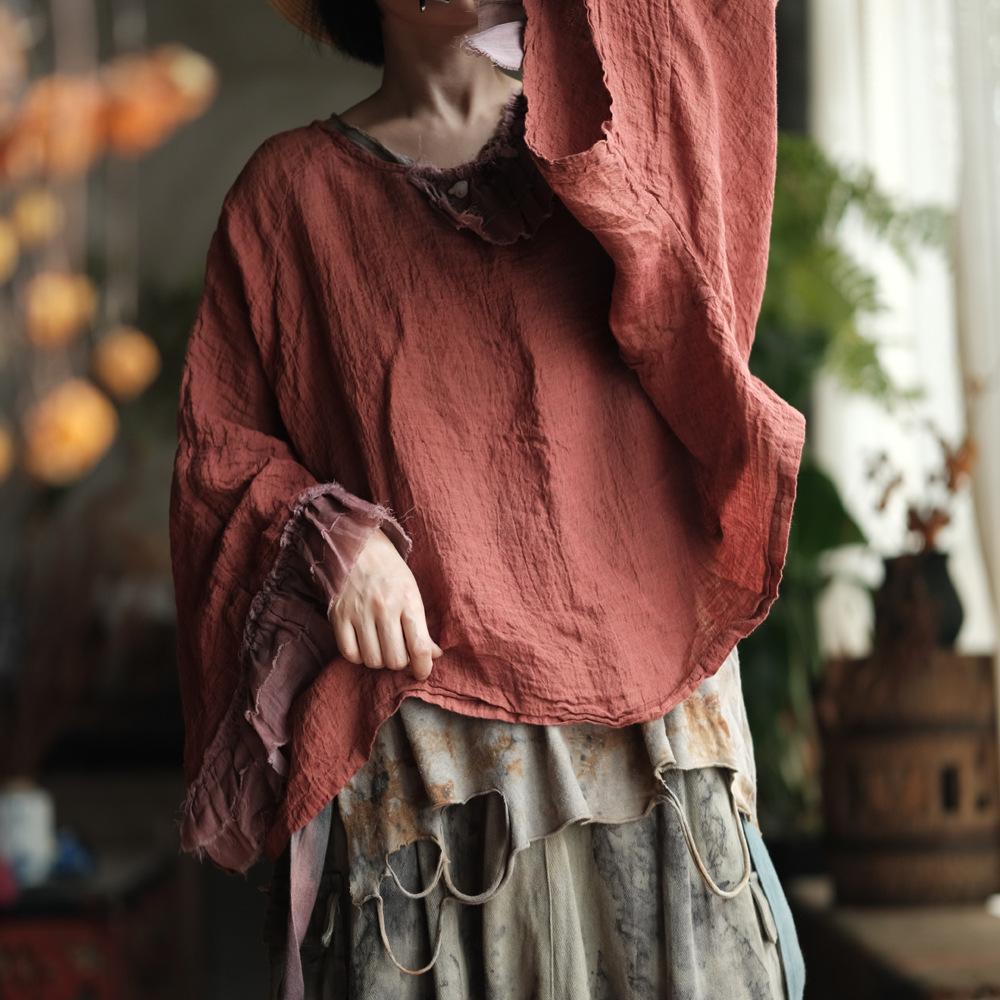 Johnature Vintage Women Patchwork T-Shirts O-Neck Long Sleeve Autumn Loose Chinese Style Female T-Shirts