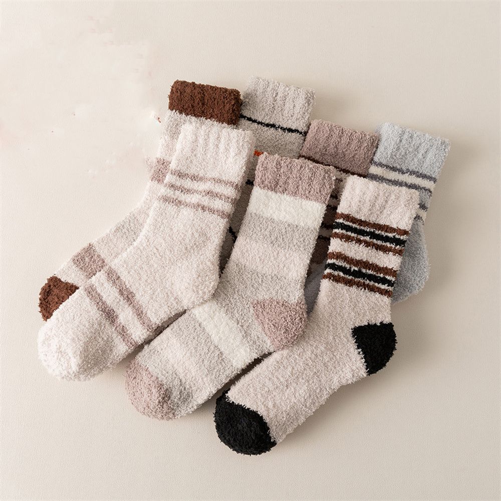 Warm Comfortable Thick Stripe Plush Coral Fleece Socks Cotton Hosiery Middle Tube Socks Man Socks