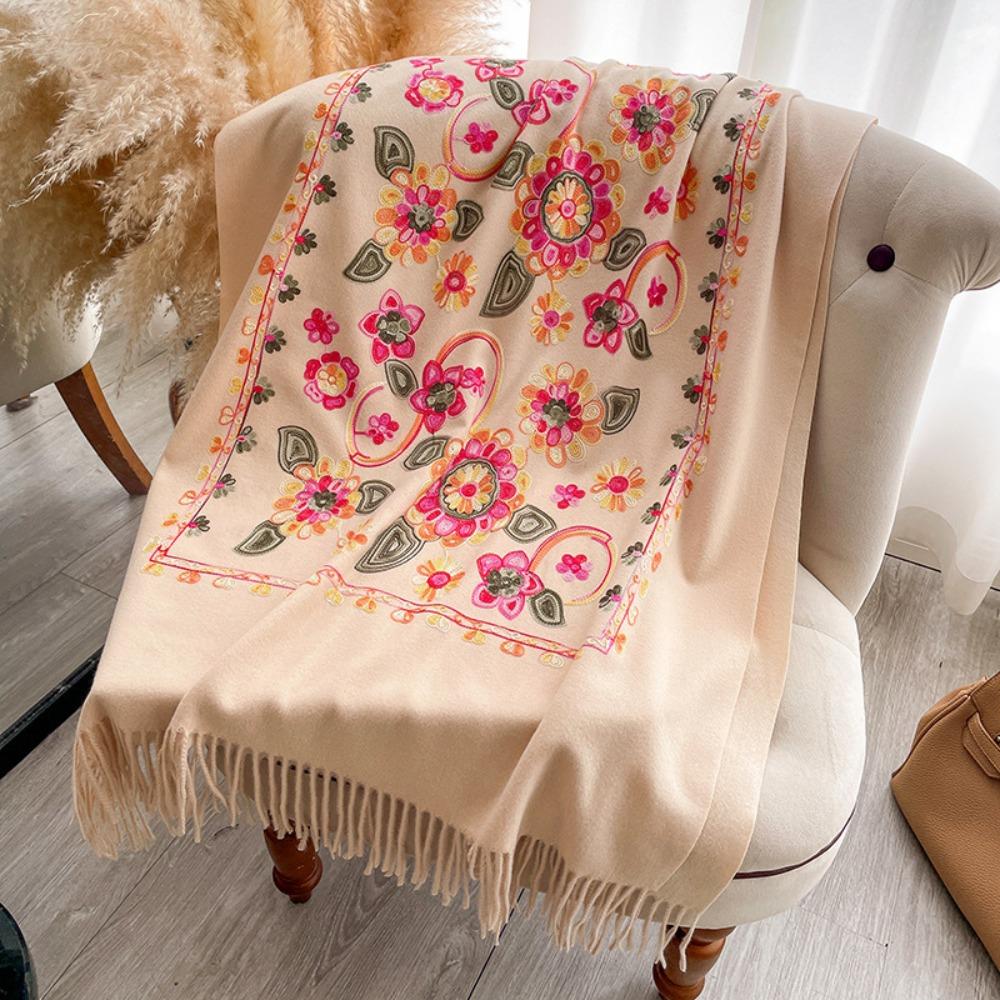 Cashmere Feel Women Scarf Warm Texture Embroider Flower Cashmere Scarf Versatile Breathable Floral Embroidered Shawl абрикосовый