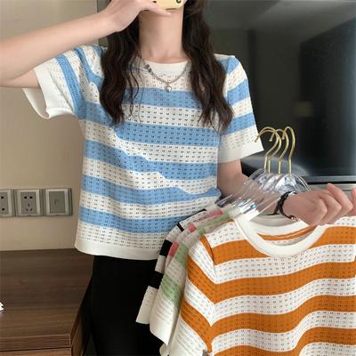 Black and White Striped Knitted Short-sleeved T-shirt Female Summer New Loose Korean Version Thin Round Neck Student Top