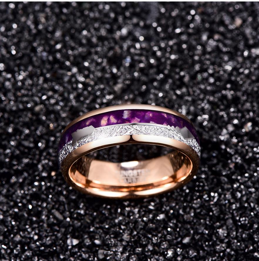 2025 Luxury 6mm/8mm Tungsten Ring with 18K Rose Gold, Meteorite, and Natural Purple Agate Inlay