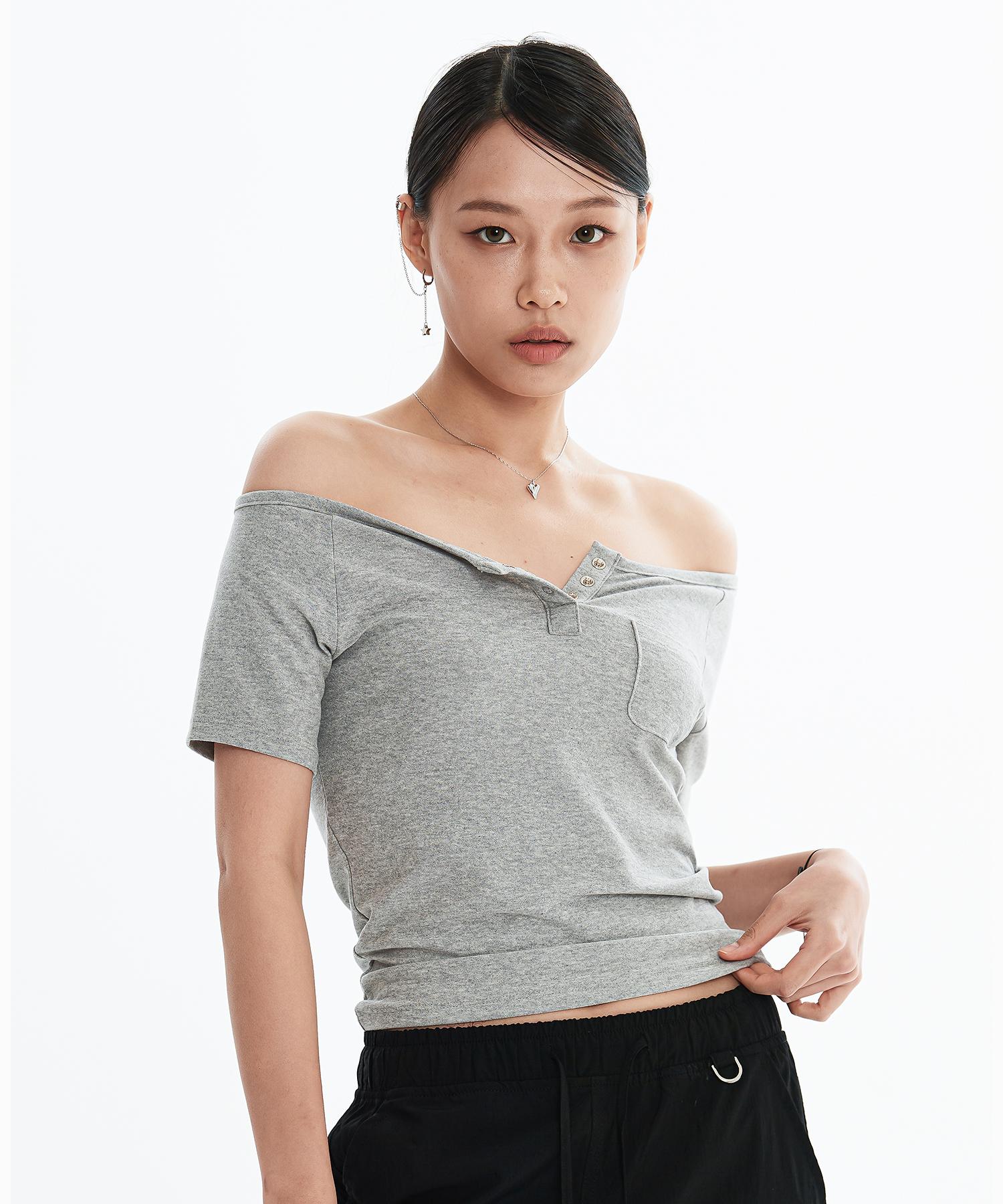 Dear Me Slim Boat Neck Snap Pocket T-Shirt [Gray] Reference/M