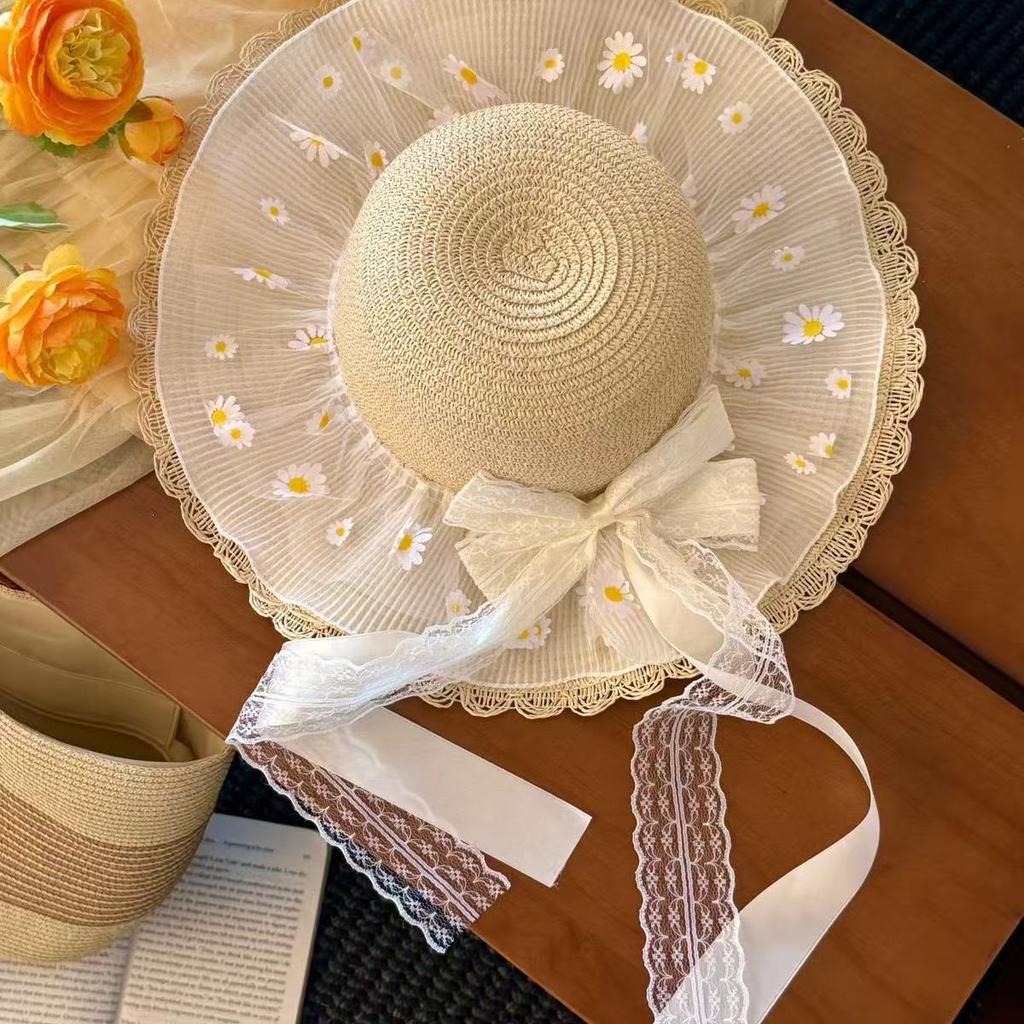 Daisy lace big brim straw hat female summer seaside beach Sanya photo vacation visor sun hat