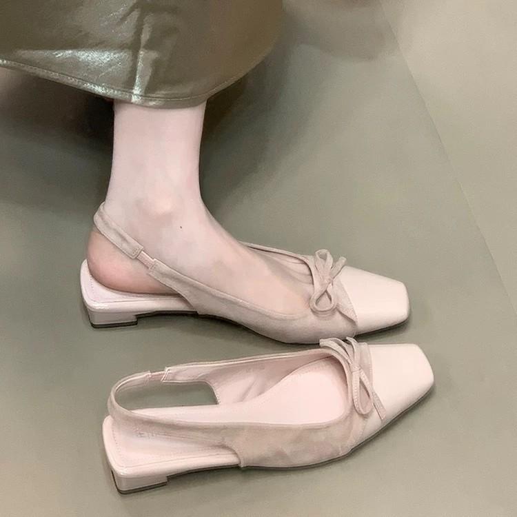 Fairy Wind Gentle Niche Bow Splicing Women's Shoes Heel Sandals with Skirt Bag Head Thick Empty Square Head Single Shoes Women
