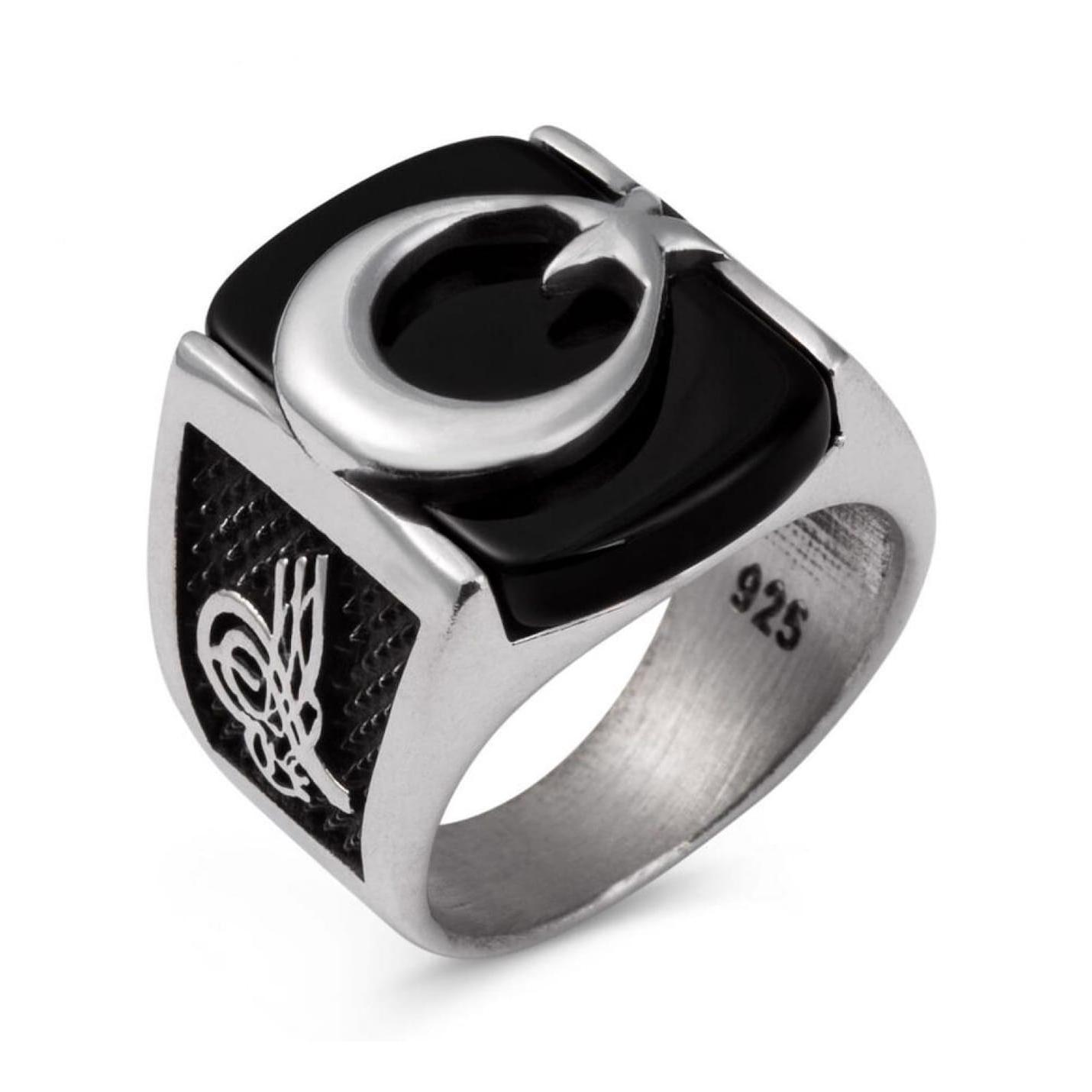 

Серебряное мужское кольцо со звездой и полумесяцем из черного оникса с мотивом Tugra