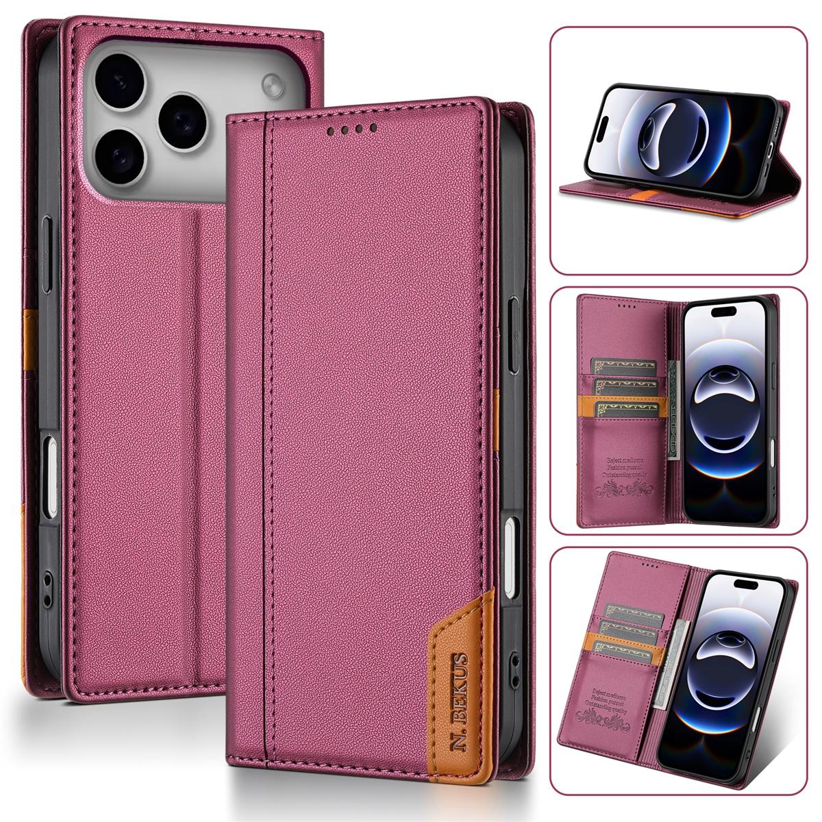 

Wallet Double Hem Stitching With Card Slot RFID Blocking Flip Leather Case For iPhone Air 17 Pro Max 16e 15 Plus 14 13 12 11 XR iPhone XR вино красного