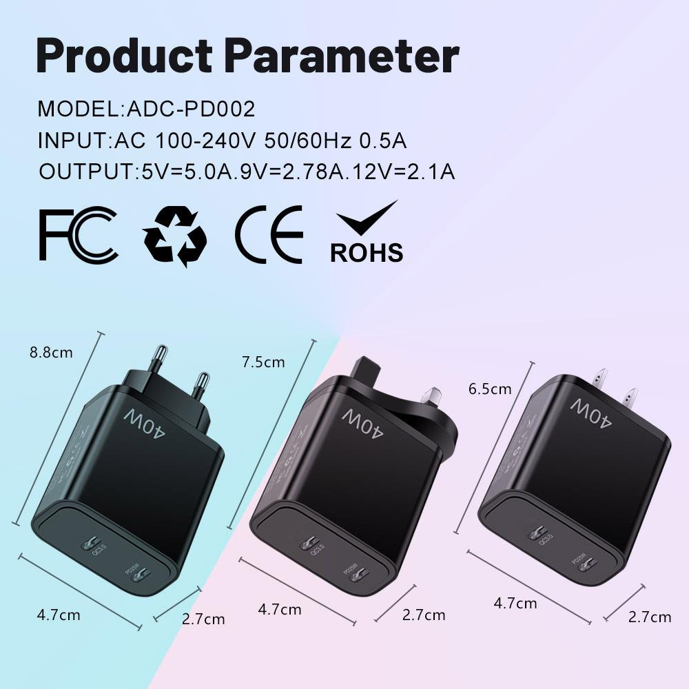 40W Dual PD Type-C Fast Charger for Mobile Phones - Travel-Friendly Charger Head
