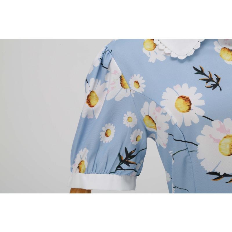 Women's Clothing Supply Summer Blue Bundle Neck Doll Collar Short Sleeve Retro Medium and Long Dress Printed Dress