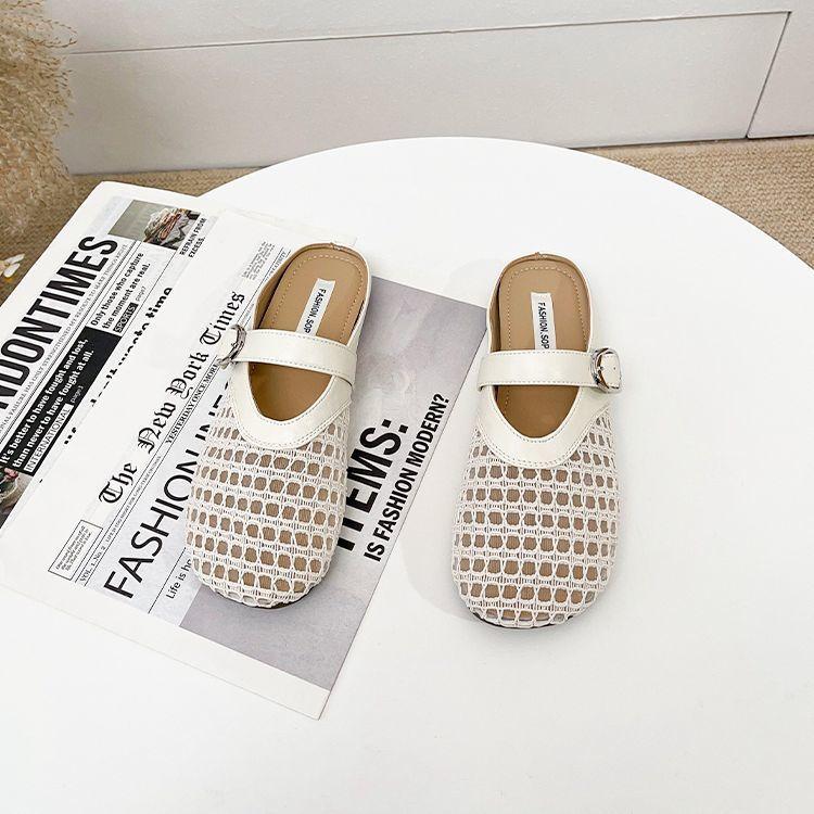 Mary Jane Flat-bottomed French Bag Head Half Slippers Women's Summer New Outer Wear Mesh Breathable One Pedal Cool Slippers Women
