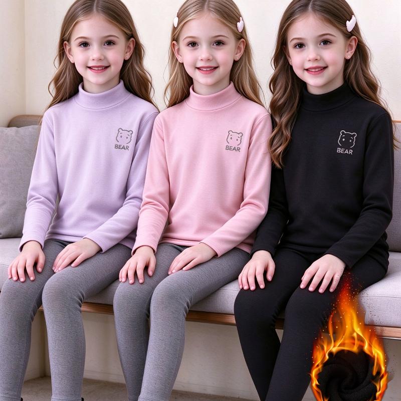 Girls' Autumn Winter Warm Base Layers, Bear Pattern, Inner Wear Outdoor Slim Fit Versatile Easy Soft Round Neck Long Sleeve Pullover Top