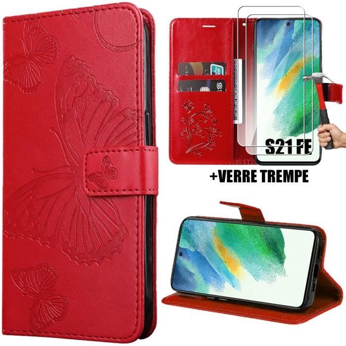 Case - Booling - for Samsung Galaxy S21 FE - Red Synthetic Leather - Butterfly Pattern - 2 Tempered Glass