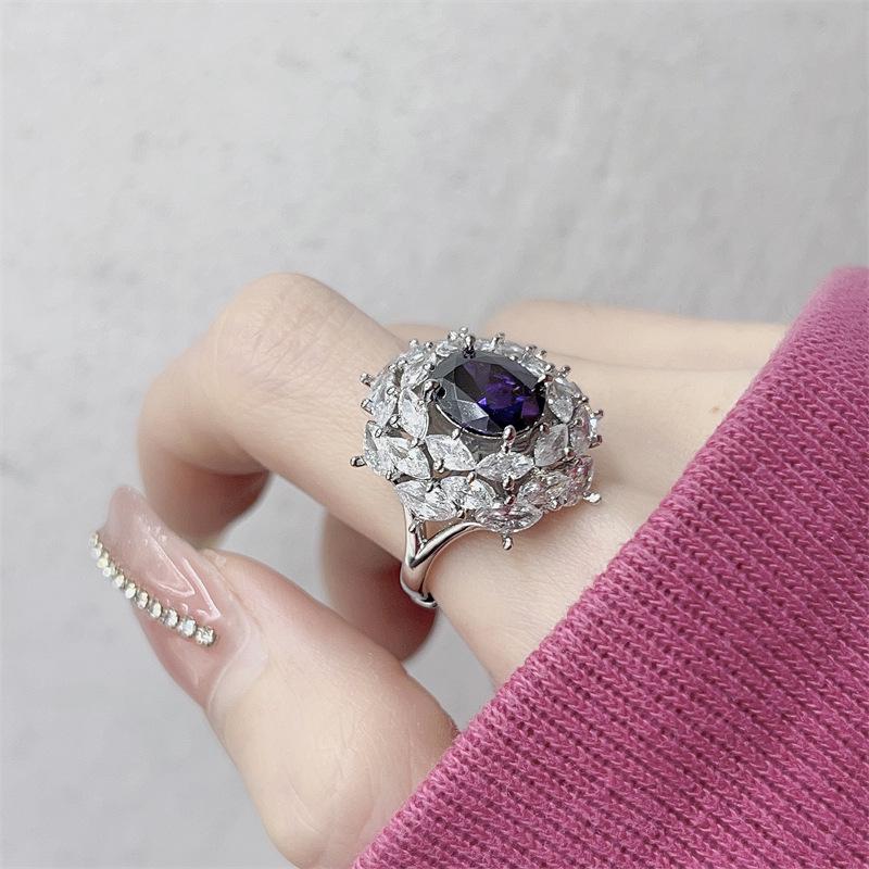 Women's Gemstone Zircon Ring: Purple, Full Diamond Inlay, Colorfast, High-End, Ultra Shiny for Live Broadcast