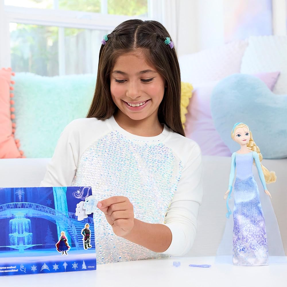 Mattel Disney Frozen Elsa Dress-Up Doll Playset with Accessories for Kids Age 3 and Up Blue