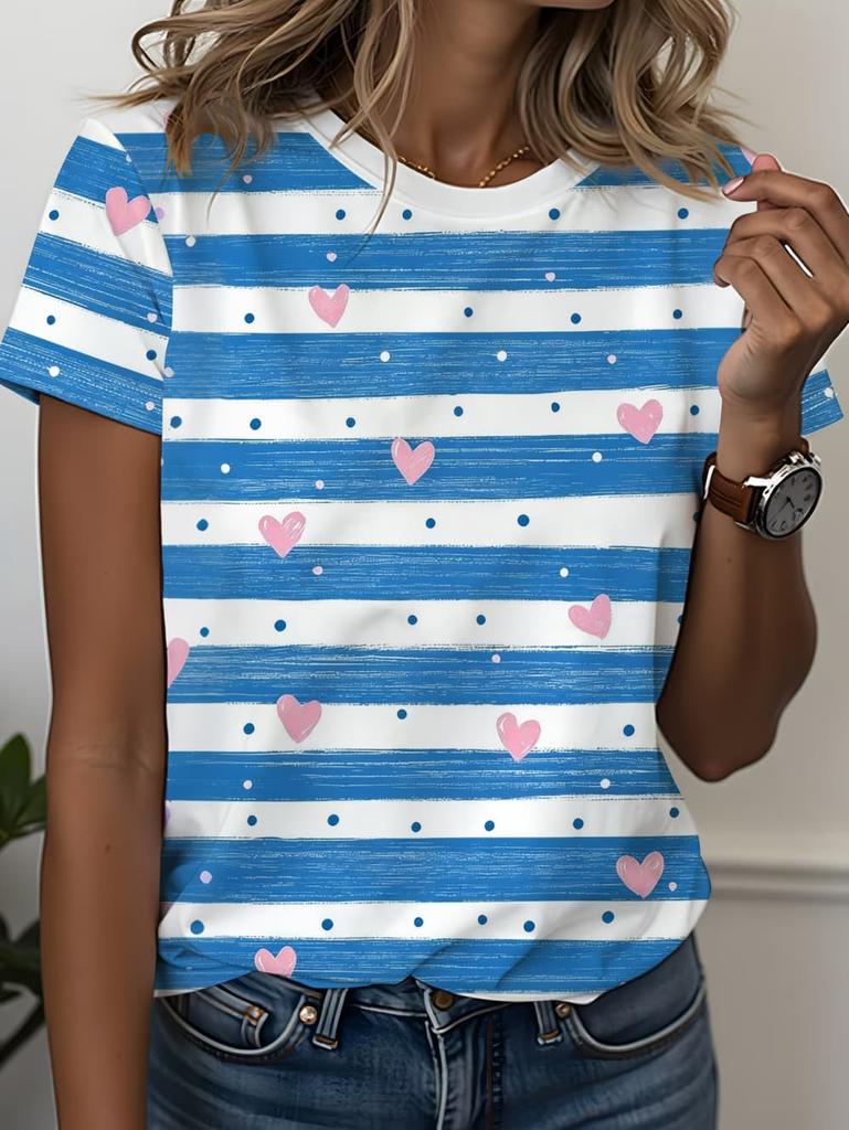 Women's Contrasting Striped Printed T-Shirt Round Neck Loose Short Sleeved Fashion Simple Commuting Top Y2k Tee Woman Clothing