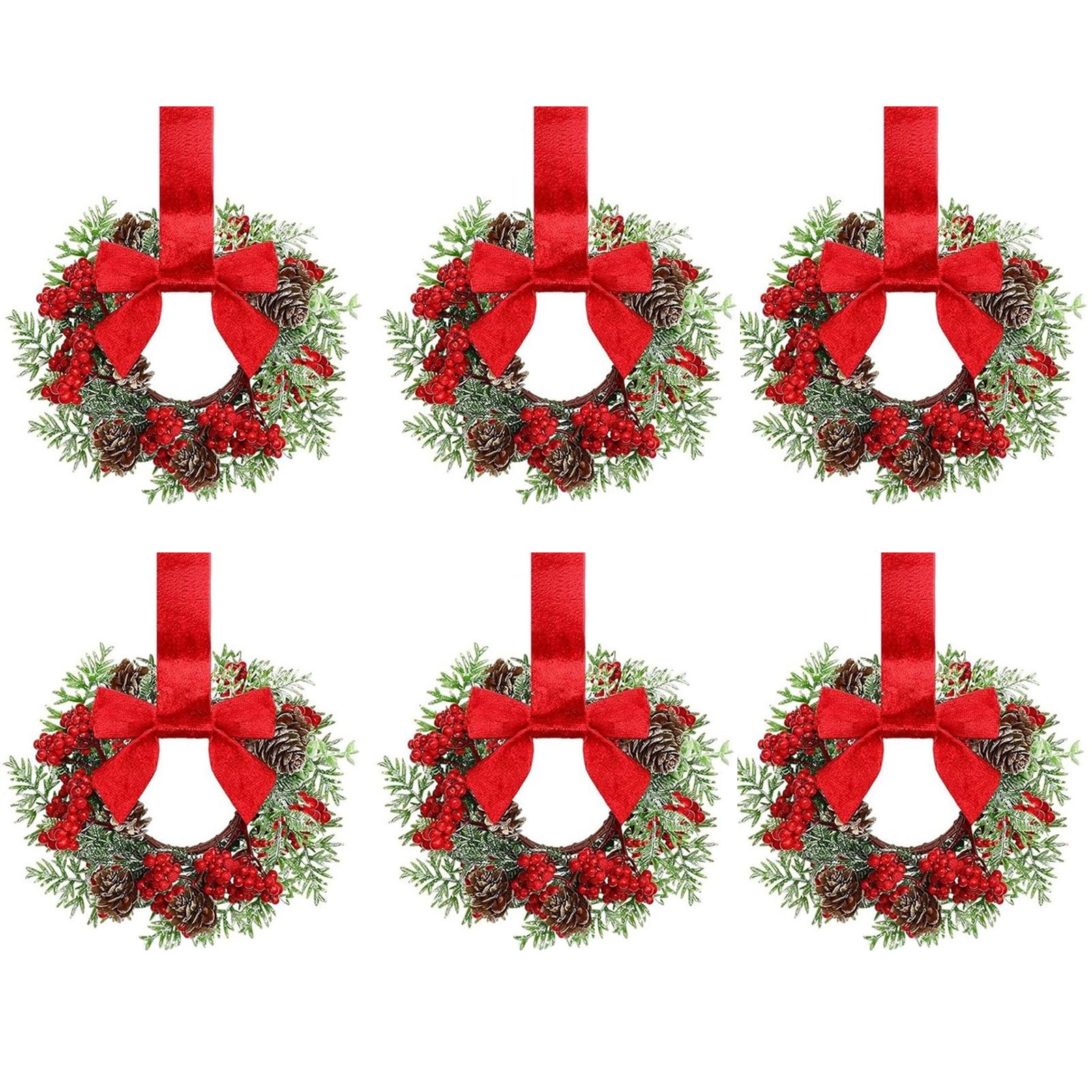 

6PCS/SET Christmas Kitchen Cabinet Wreaths with Ribbon Mini Christmas Wreath Small Kitchen Xmas Decor for Window Door