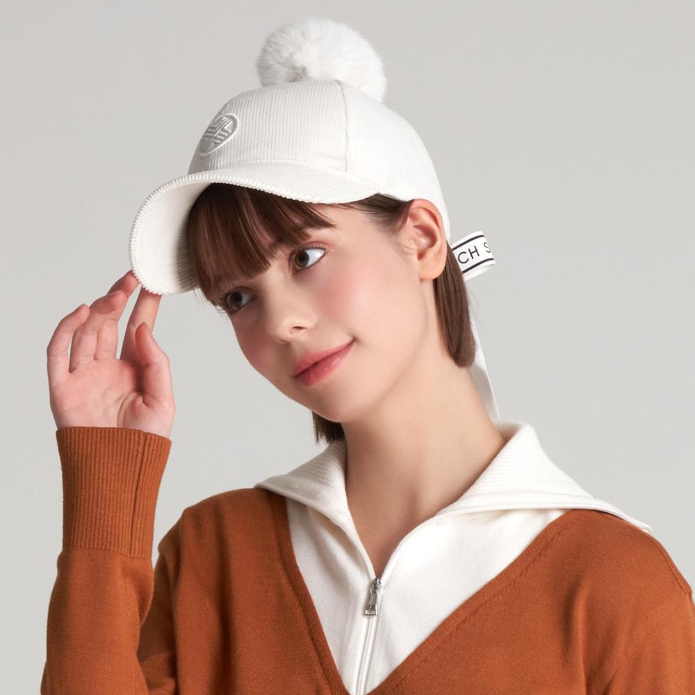 TECHSKIN Women'S Fur Ribbon Corduroy Golf Cap White