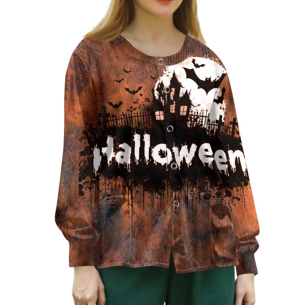 Women's Casual Long Sleeve Single-Breasted Cardigan with Halloween Print for Caregiver Costume