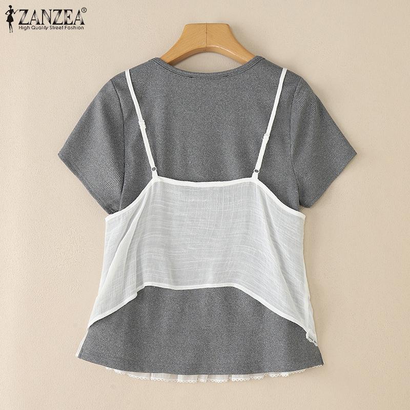 ZANZEA Women Summer Round Neck Patchwork Short Sleeve T-Shirts