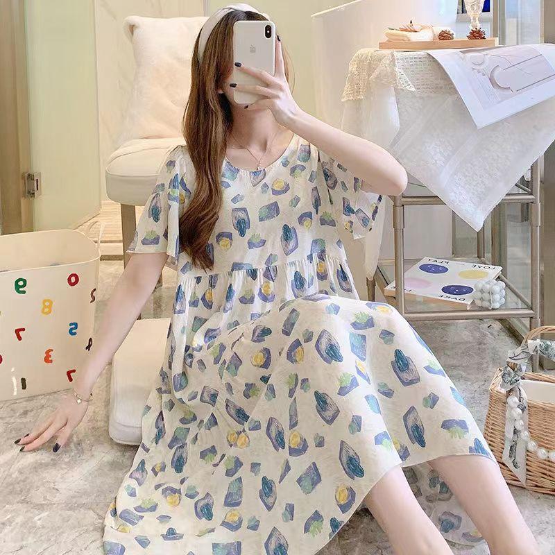 Women's Short Sleeve Women's Cotton Silk Nightgown Printed Summer Nightdress Home Clothes