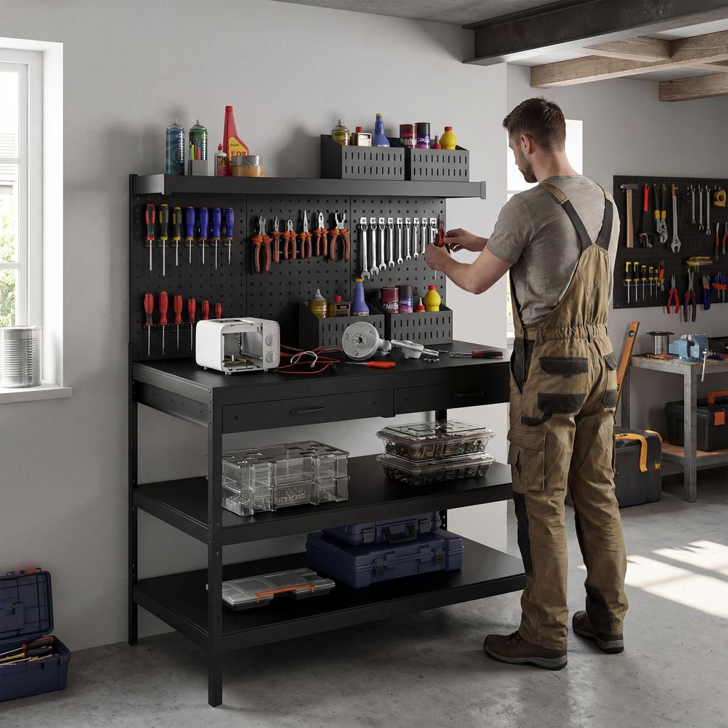 Workbench with Adjustable Shelves, Pegboard and 2 Drawers, 122x61x156 cm, Black