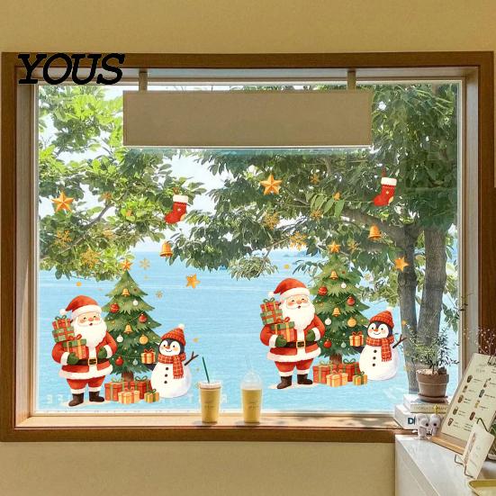 Indoor Outdoor Holiday Accents Cartoon Christmas Window Sticker, Removable Santa Snowman Tree Decal, Waterproof PVC Ornaments Static Cling Sticker
